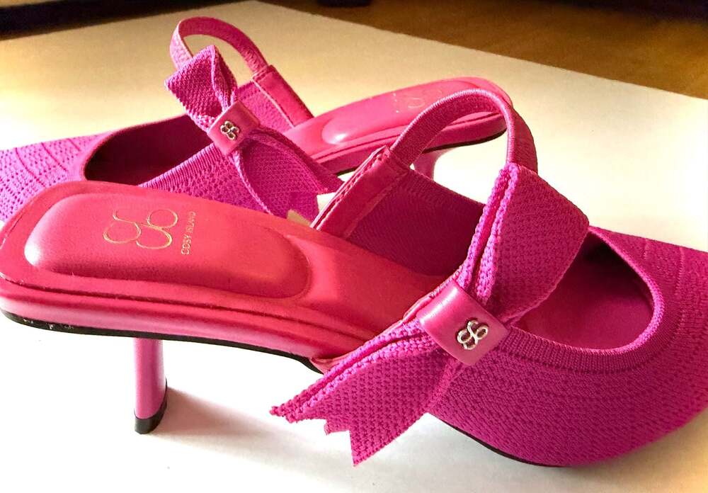 Cosy Island Hot Pink Knit Pointed Toe Bow Mary Jane Kitten Heel Mules Size 9 - Picture 5 of 6